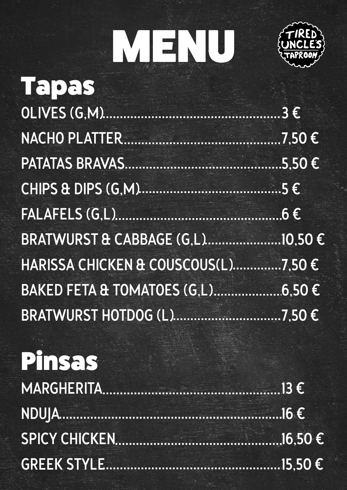 Taproom menu